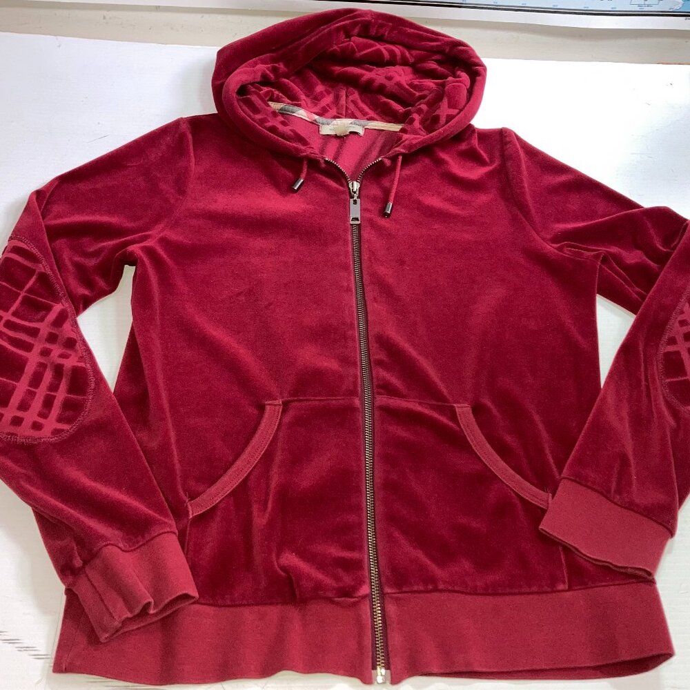 BURBERRY LONDON  Velvet Hooded Full Zip Track Jacket Burgundy Sz L Womens